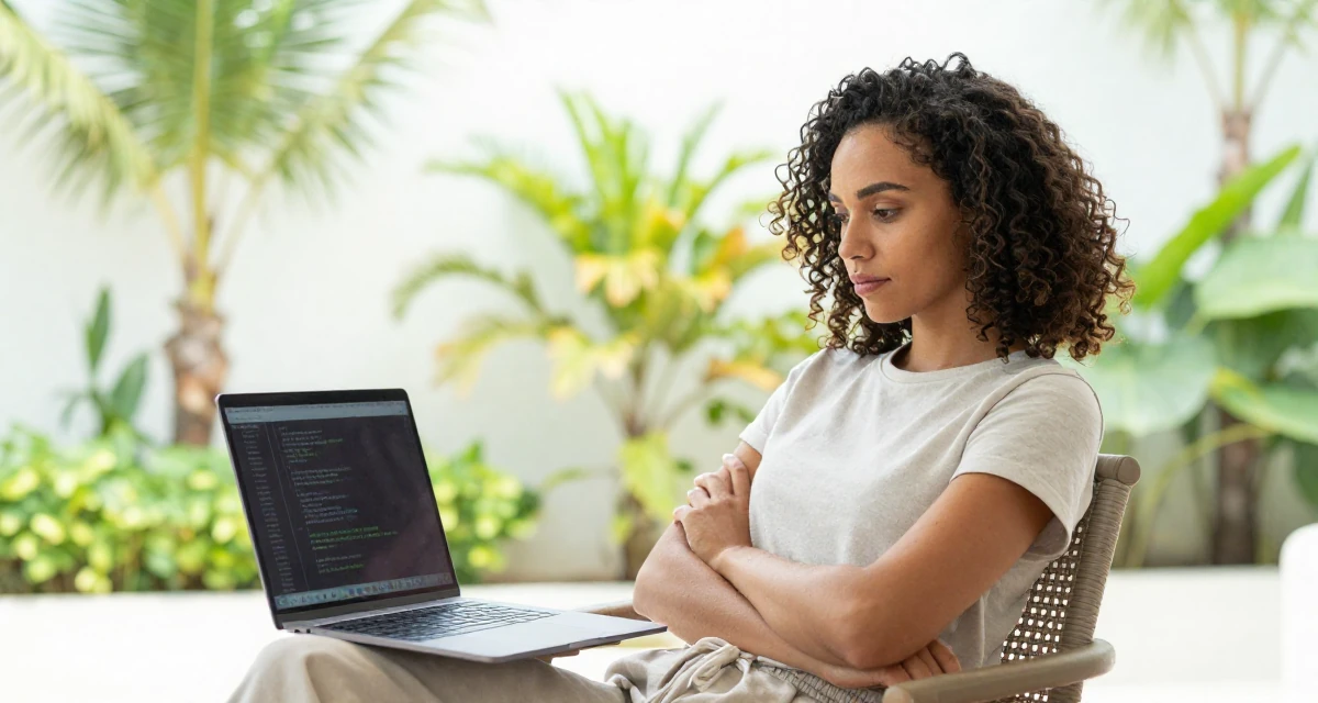 A calmly observant Female Former personal trainer, now documenting transformation journeys for fans in their 22, filming between classes because real life leaves no time, wearing a clean, neutral-toned casual outfit, crossing arms confidently in a garden patio.