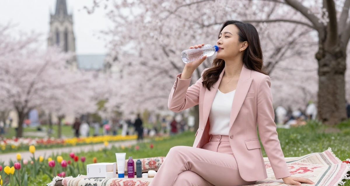 A sweet Female From Vietnam, majored in international business in their 45, reviewing anti-aging products with honesty, wearing a tailored pantsuit in pastel pink with a white top, drinking from a water bottle in a cherry blossom park.
