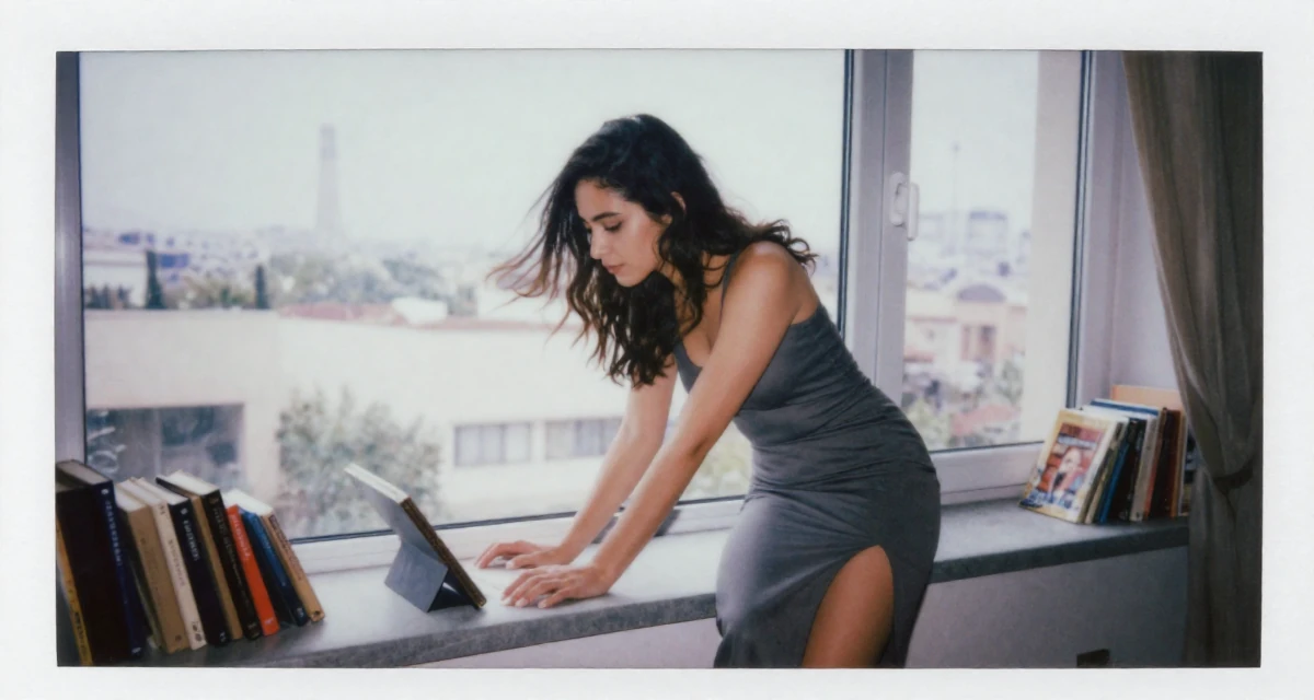 A dreaming Female From Arabic-speaking world, studied business law in their 26, chasing the digital nomad lifestyle dream, wearing a long pencil skirt with a high side slit, shielding face from the wind in a cozy reading nook by a window.