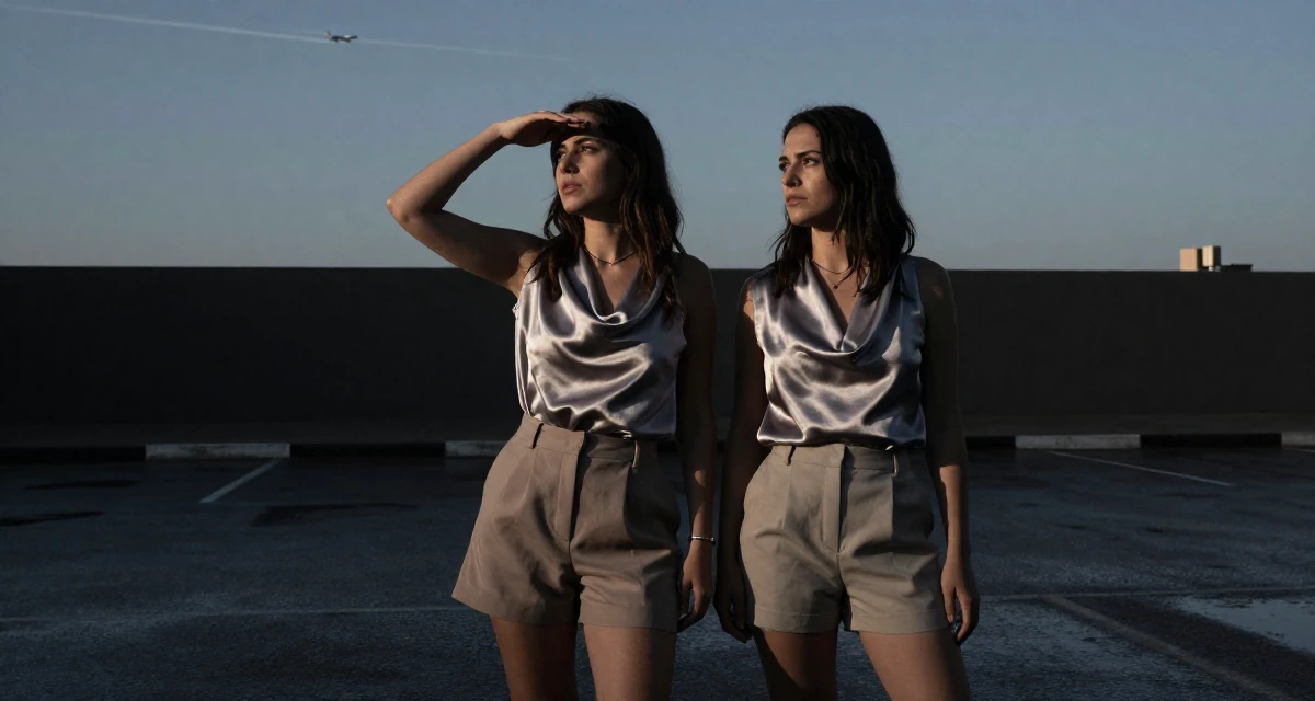 A melancholic yet beautiful Female From Israel, studied behavioral economics in their 46, sharing easy gourmet recipes for two, wearing a satin cowl neck top and tailored shorts, shading eyes with a hand in a radio station.