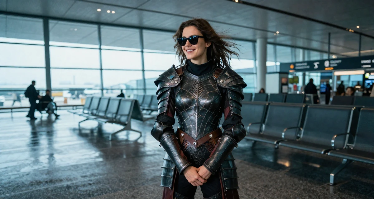 A happy Female From Belgium, based in Antwerp, graduated from a fashion school majoring in intimate costume styling in their 24, looking for meaning beyond the paycheck, wearing a dark elf leather armor with spiderweb motifs, lowering sunglasses to look out in a airport departure lounge.