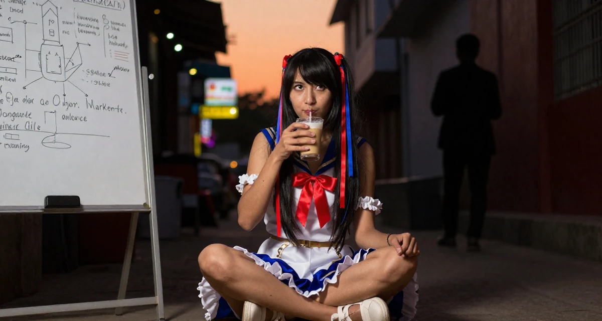 A composed Female Grew up in Nepal, majored in marketing analytics in their 23, saving aggressively for a dream travel trip, wearing a anime idol stage costume with ribbons and glitter, sipping a latte in a neon-lit alleyway.