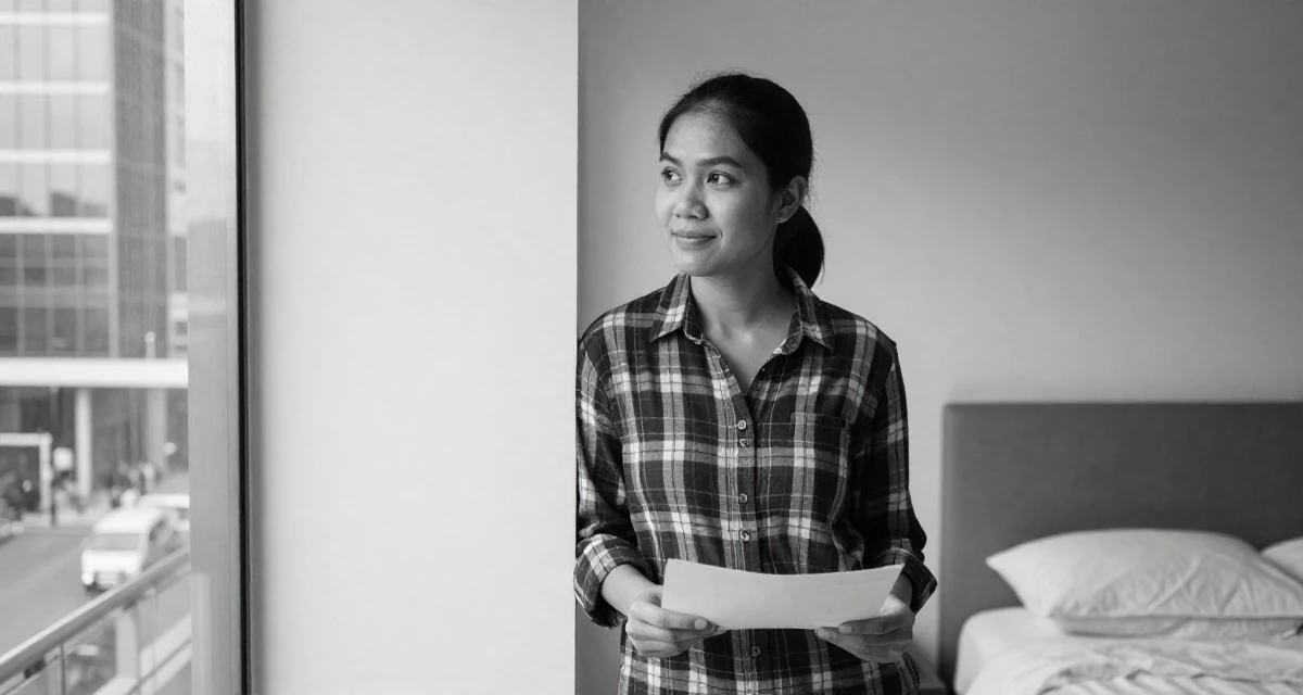 A sympathetic Female From Thailand, studied hospitality management in their 47, expert in navigating difficult conversations, wearing a casual plaid button-down, holding a piece of paper in a minimalist bedroom.