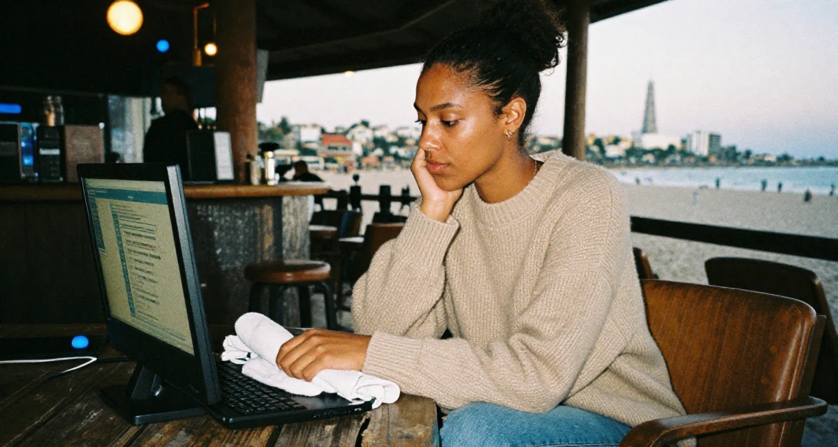 A zen-like Female From Zimbabwe, studied computer programming in their 25, managing inconsistent confidence when creating content, wearing a oversized beige sweater and jeans, holding a gym towel in a beach bar.