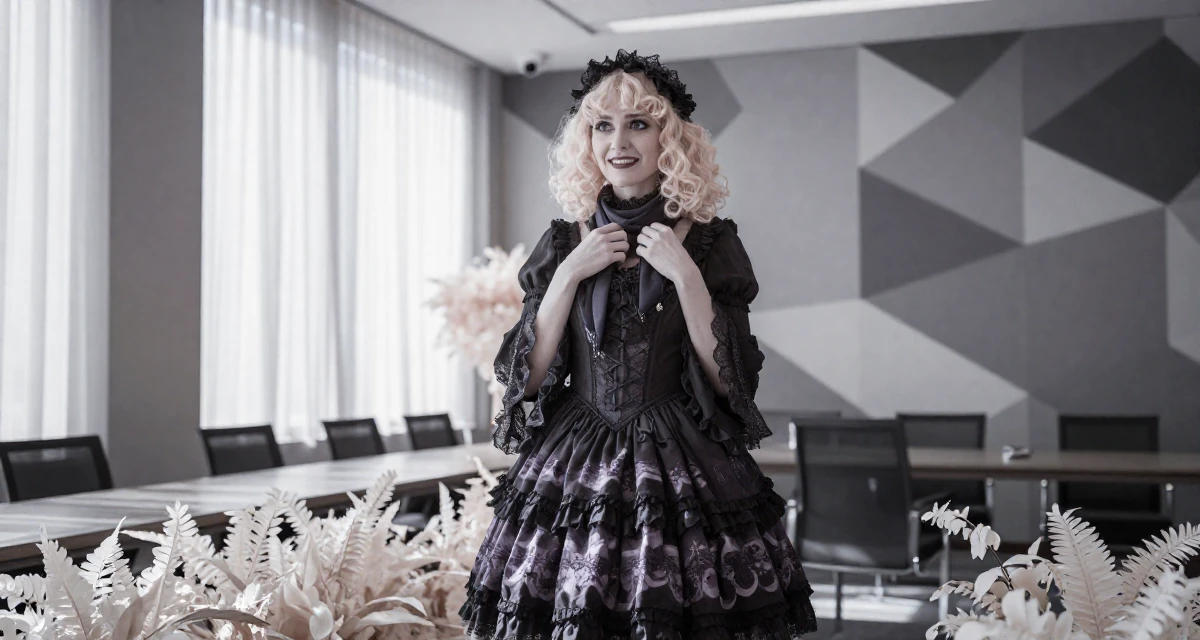 A grateful Female From the United States, based in Seattle, graduated from a community college majoring in digital marketing in their 30, stepping confidently into a new decade of life, wearing a elaborate gothic lolita dress with frills and lace, adjusting a scarf in a conference room.