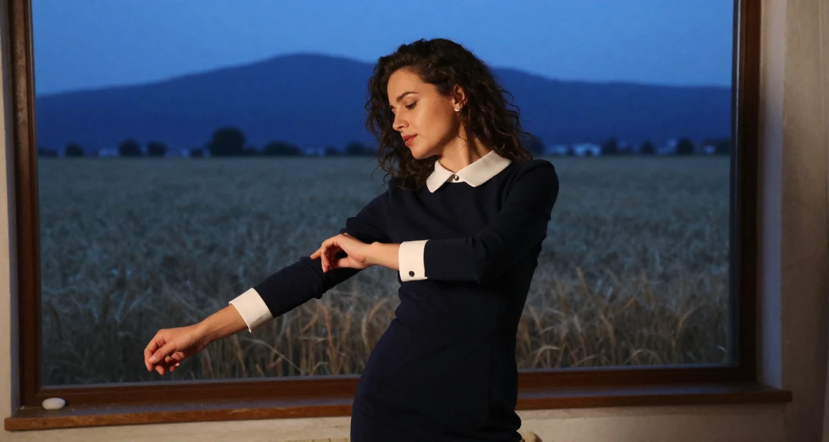 A poised Female From Hungary, majored in communication strategy in their 23, looking sophisticated but feeling lost inside, wearing a navy blue dress with white collar and cuffs, adjusting sleeves in a home interior.
