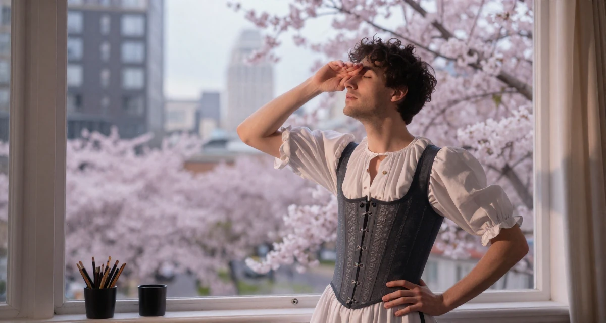 A focused male From England, majored in philosophy in their 36, sharing tips for organizing a chaotic home, wearing a peasant girl corset dress with a white blouse, covering eyes from the sun in a home interior.