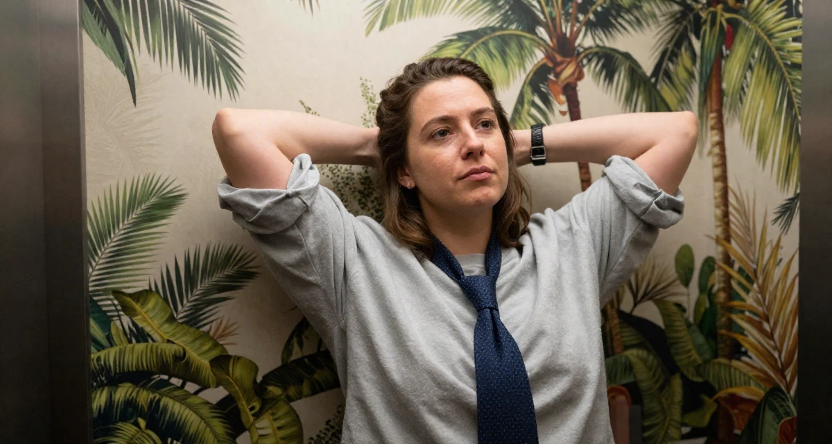 A thoughtful Female Born in Wales, majored in education studies in their 49, creating content about cultural heritage, wearing a relaxed streetwear, playing with a tie in a corporate elevator.