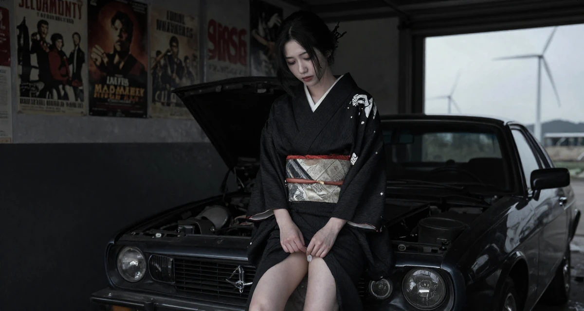A sorrowful Female Once a university researcher, now creating slow-life intimate content in their 38, focused on longevity and holistic wellness, wearing a shrine maiden outfit with a short hakama skirt, fixing the hem of a skirt in a mechanic garage.