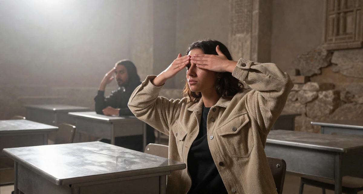 A judgemental Female From Abu Dhabi UAE, learned studio production and lighting design in their 25, adjusting expectations for adult life, wearing a soft texture corduroy jacket, covering eyes from the sun in a classroom setting.