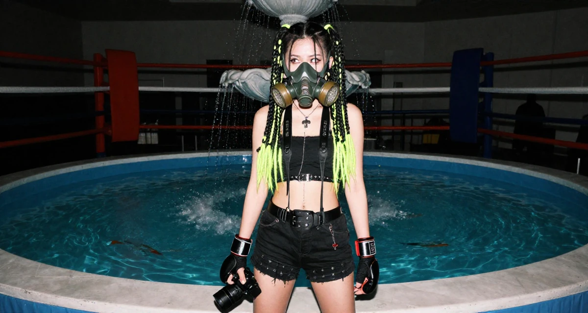 A absent-minded Female Once a junior chemist, now exploring creative body-lighting concepts in their 22, feeling like a small fish in a big corporate pond, wearing a cyber-goth outfit with gas mask and neon dreads, holding a camera in a boxing ring.