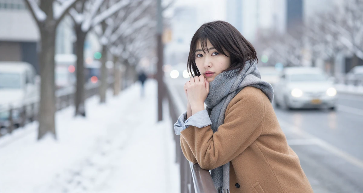 A fearless Female From Tokyo Japan, studied gravure-style posing and aesthetic direction in their 29, trying to plan a future with unpredictable income, wearing a layered autumn coat and scarf, rolling up sleeves in a snowy sidewalk.