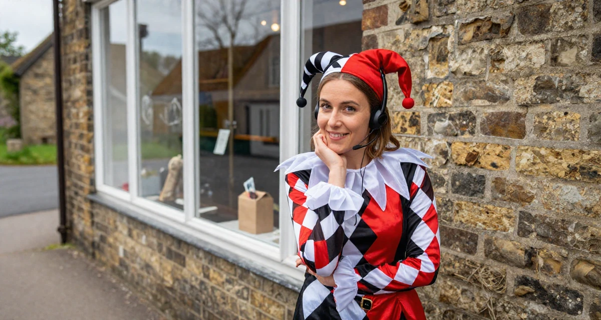 A innocent Female Former call-center worker, now crafting confidence-centric creator content in their 29, solidifying professional reputation, wearing a harlequin jester costume with a diamond pattern, kicking up dust playfully in a country road.