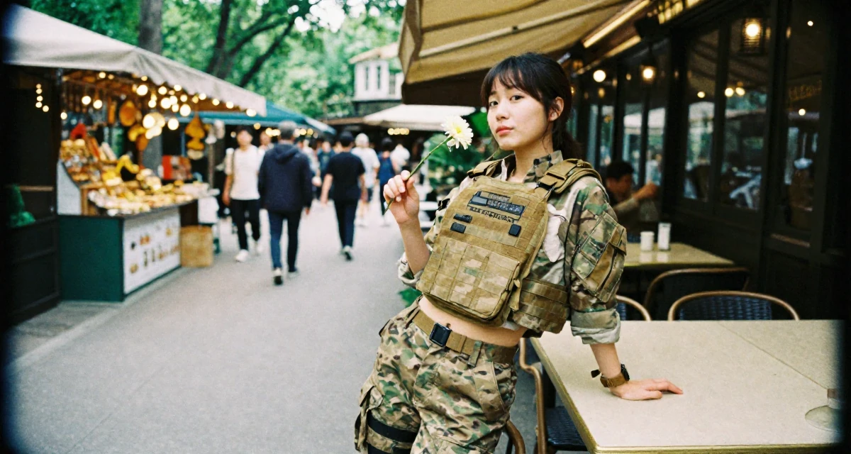 A innocent Female From Nanjing China, graduated with a finance major in their 25, planning next steps in personal development, wearing a tactical military gear with a cropped vest and cargo pants, holding a flower in a zoo pathway.