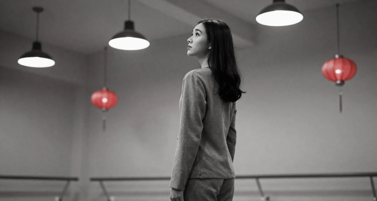 A melancholic yet beautiful Female From Malaysia, based in Malacca, graduated from a creative college majoring in sensual composition design in their 25, starting college life away from home, wearing a relaxed fit suit separate, gazing at the sky in a ballet studio.