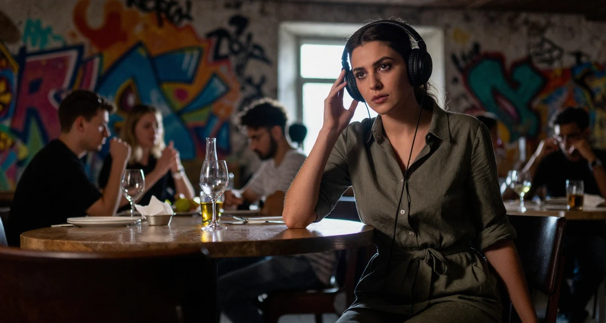 A bold and charismatic Female From Serbia, based in Niš, graduated from a media program majoring in intimate persona development in their 25, fighting comparison with creators who grew faster, wearing a belted shirt dress with rolled sleeves, listening to music with headphones in a banquet hall.