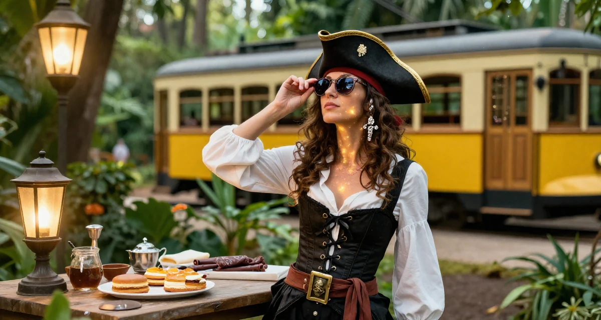 A humble Female Once a pastry chef, now blending cooking with playful creator energy in their 44, building a personal brand on authenticity, wearing a pirate captain outfit with a corset and tricorn hat, putting on sunglasses in a botanical garden.