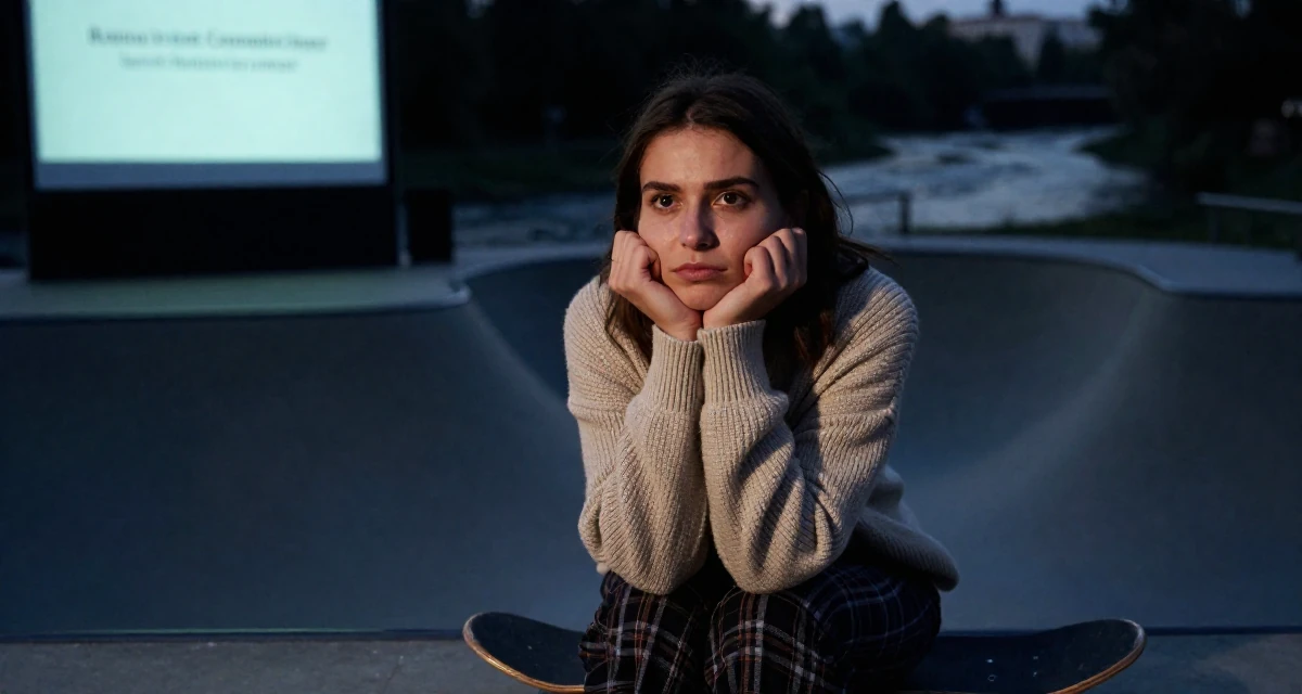 A proud Female From Romania, trained in multimedia design in their 22, dating casually to avoid serious commitment, wearing a classic librarian style cardigan and a plaid skirt, gripping a lapel in a skate park.