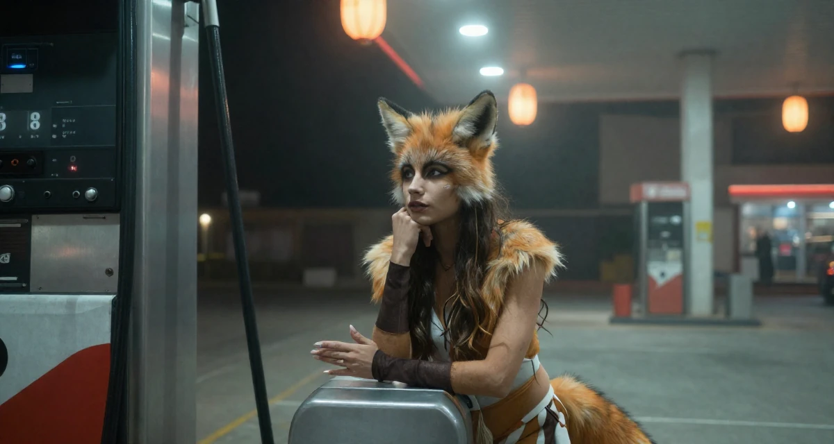 A ethereal Female From Peru, based in Arequipa, graduated from a local university majoring in business communication in their 22, dating casually to avoid serious commitment, wearing a fox spirit (kitsune) outfit with fluffy ears and tails, gesturing while talking in a gas station at night.