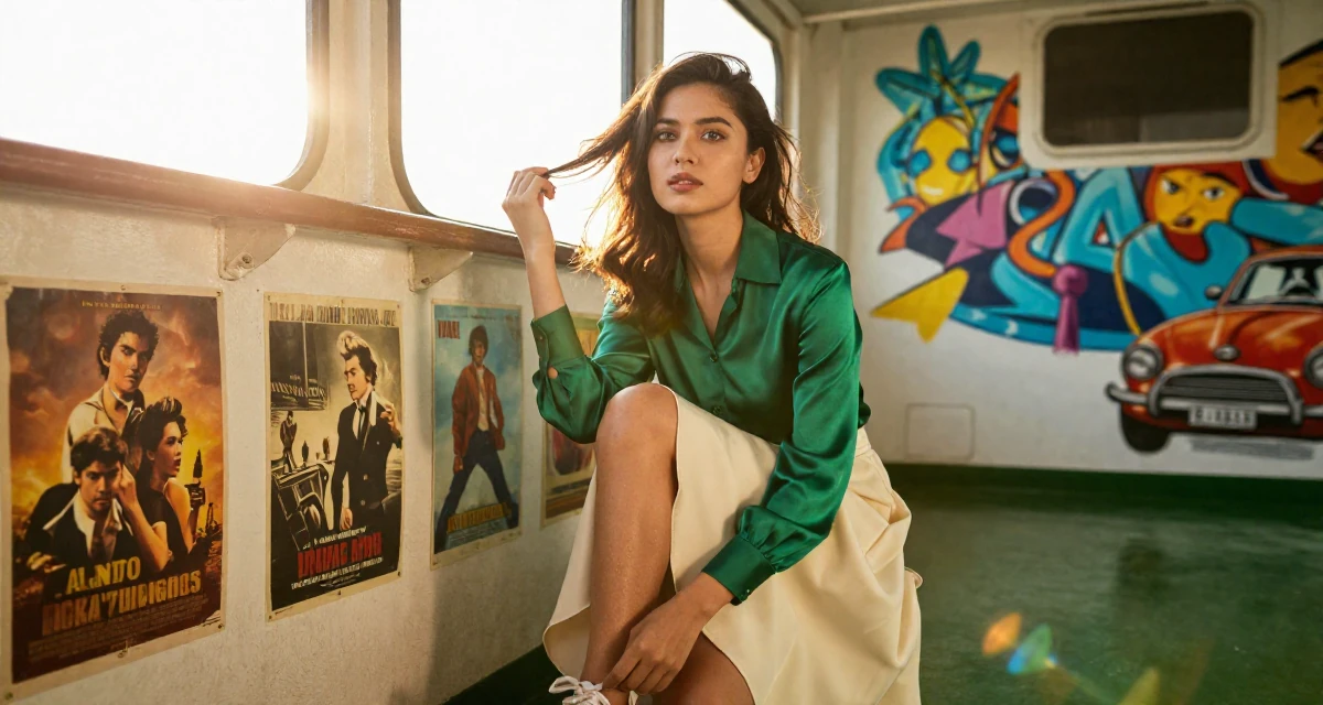 A longing Female From Indonesia, based in Surabaya, graduated from a creative academy majoring in multimedia arts in their 23, refining seductive expression through skilled camera work, wearing a emerald green silk blouse and a cream skirt, tying a shoelace in a ferry deck.