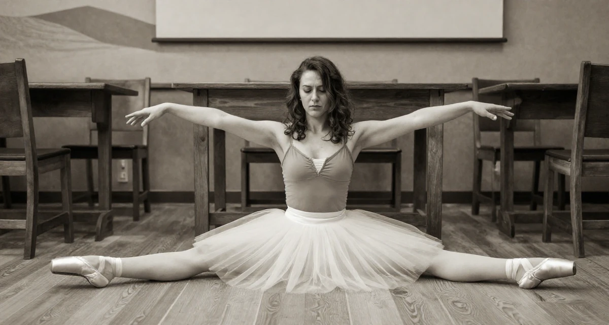 A quiet Female From Canada, studied kinesiology in their 24, hiding stress behind carefully curated posts, wearing a ballet tutu and satin pointe shoes, stretching arms after waking in a conference room.