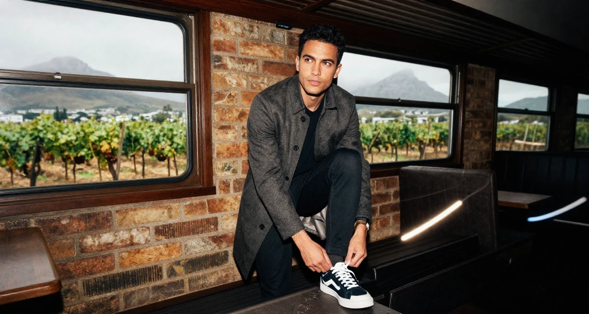 A aloof but intriguing male From Cape Town South Africa, studied film editing in their 44, minimalist living with a focus on quality, wearing a tailored coat with casual sneakers, tying a shoelace in a train carriage.