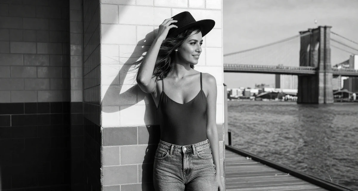 A satisfied Female From Manila Philippines, studied mass communication in their 23, elevating content toward more polished sensual visuals, wearing a open-back bodysuit with vintage denim jeans, holding a hat against the wind in a serene lakeside dock.
