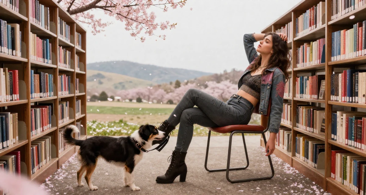 A romantic Female From United States, studied French literature in their 24, experimenting with sultry characters and light roleplay vibes, wearing a modern grunge aesthetic, walking a dog (leash visible) in a library aisle.
