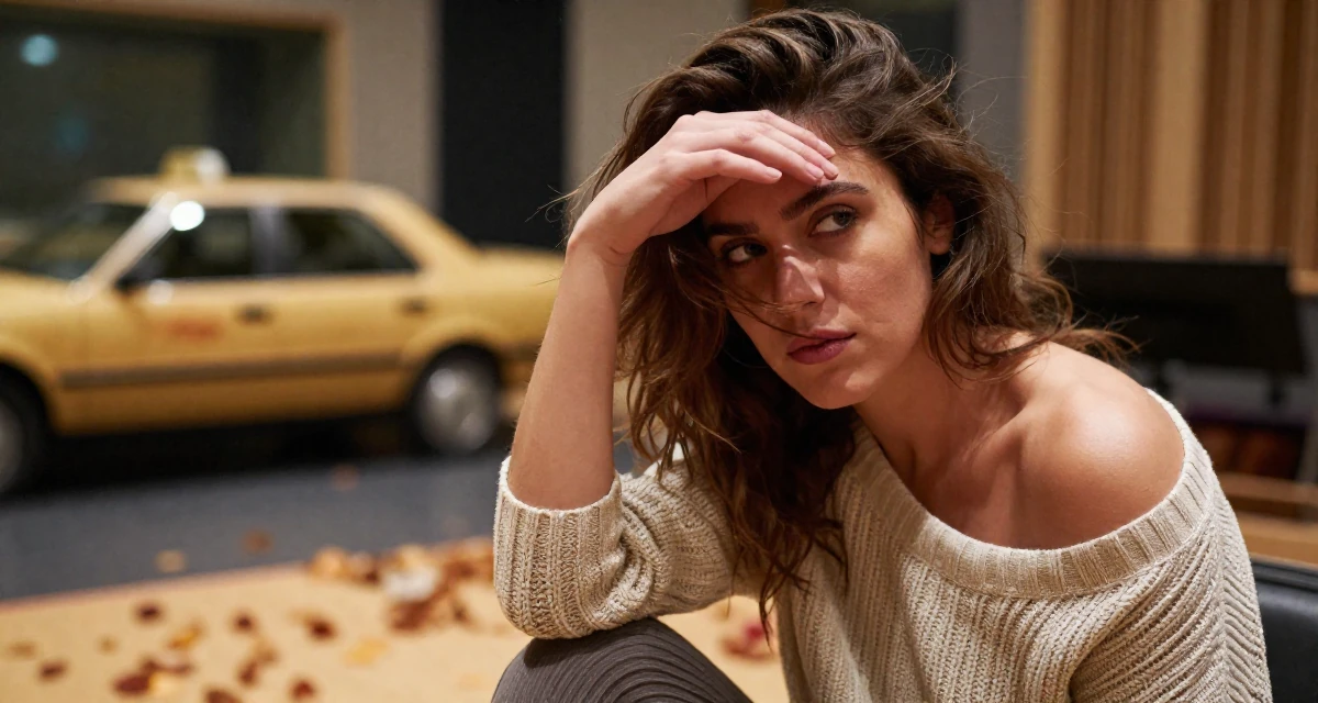 A teasing Female From Greece, studied classical studies and history in their 32, looking at the world with a cynical edge, wearing a off-the-shoulder knit top and dress pants, shielding face from the wind in a music recording studio.