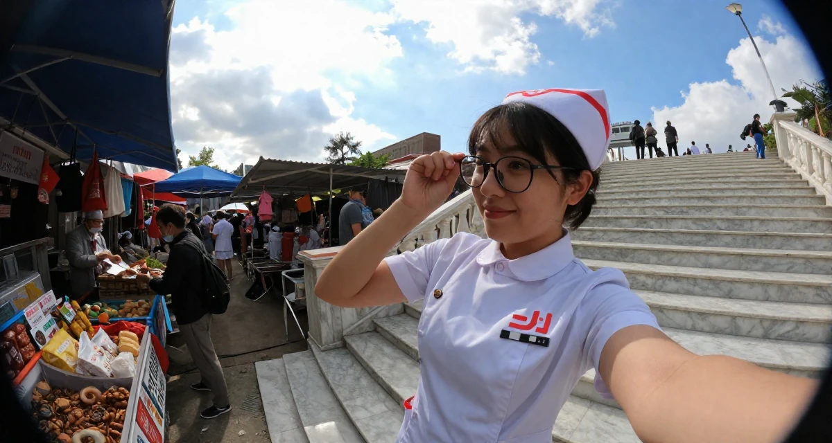 A sweet Female Once a startup assistant, now a creator experimenting with storytelling in their 29, carrying invisible pressure to stay relevant, wearing a nurse cosplay uniform with a stylized cap, pushing glasses up the nose in a bustling market.