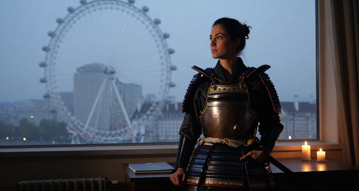 A calmly observant Female From Portugal, majored in architecture in their 28, recovering from a failed startup, wearing a samurai armor set with a katana at the waist, sliding a hand into a pocket in a home interior.
