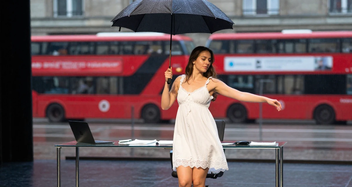 A placid Female From Germany, based in Hamburg, graduated from a design academy majoring in interaction design in their 25, crafting a cute–seductive persona while studying full-time, wearing a white cotton nightgown with lace details, shaking rain off an umbrella in a empty theater stage.