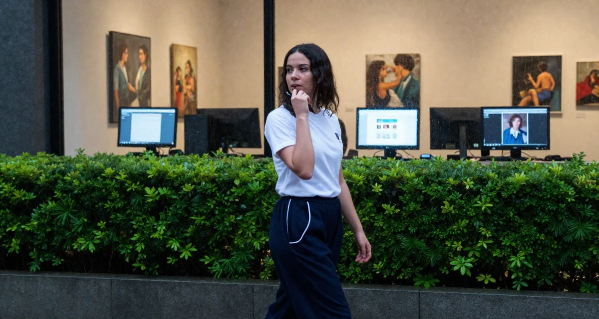 A enigmatic Female From Buenos Aires Argentina, trained in tango and partner flow in their 39, preparing for a new chapter in a new city, wearing a school gym uniform with bloomers and a white t-shirt, chewing on a pen thoughtlessly in a art gallery.