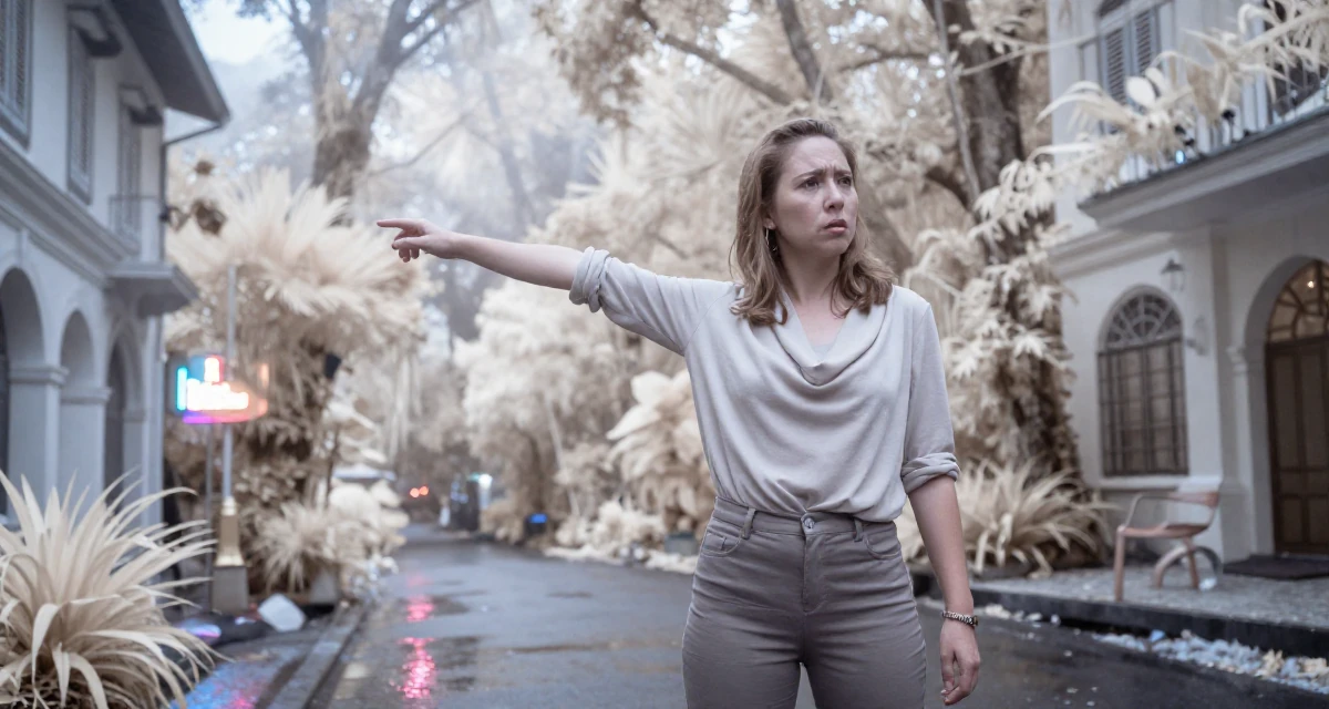 A puzzled Female From Penang Malaysia, studied UI/UX design in their 37, rebuilding savings after unexpected expenses, wearing a draped neckline top and fitted slacks, rolling up sleeves in a dense misty forest.