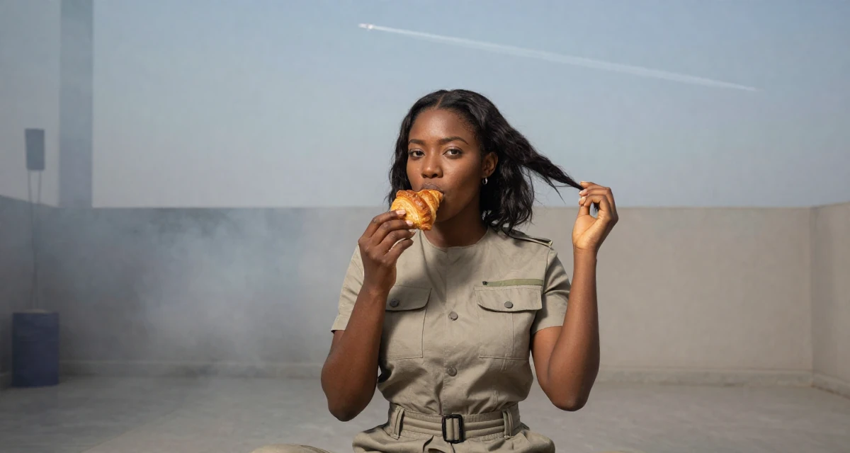 A focused and sharp Female From Abuja Nigeria, studied public administration in their 35, planning for a legacy or long-term impact, wearing a modern utilitarian outfit, eating a croissant in a yoga studio.