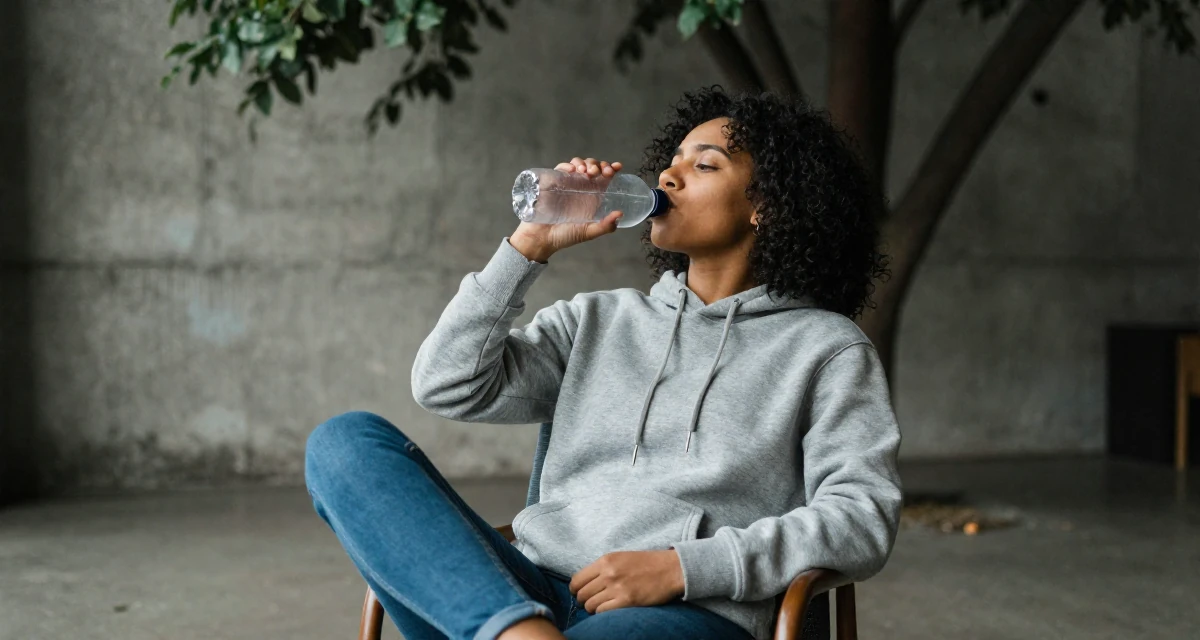 A patient Female From Nairobi Kenya, trained in expressive dance and confident movement in their 23, feeling pressure to “figure life out” quickly, wearing a classic grey hoodie and jeans, drinking from a water bottle in a industrial loft.