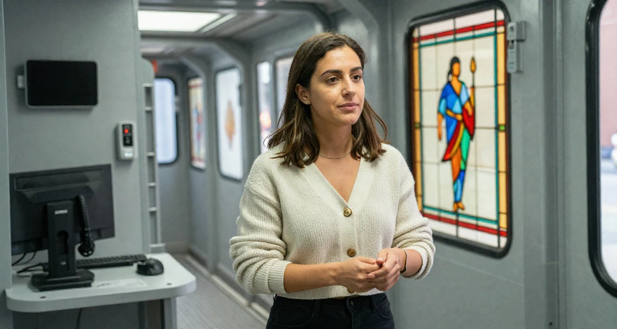 A reassured Female Once a biology teacher, now exploring artistic movement expression in their 22, confronting self-doubt in early career roles, wearing a cropped cardigan with only one button fastened, adjusting sleeves in a spaceship corridor.