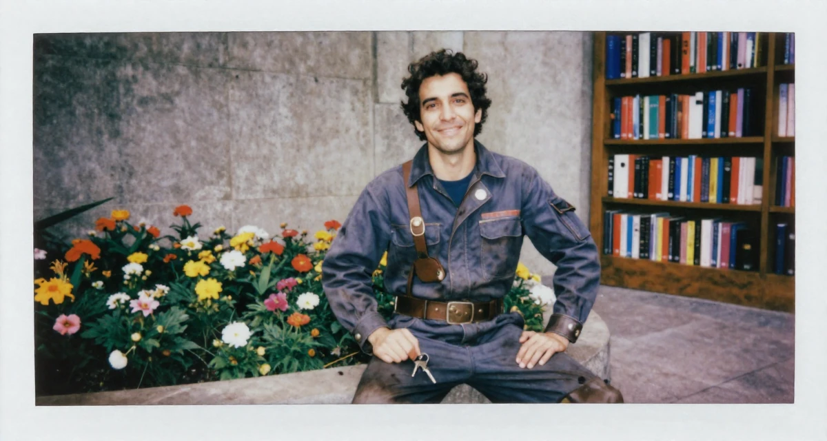 A spirited male From Córdoba Argentina, studied biomedical engineering in their 26, taking night classes, wearing a steampunk mechanic jumpsuit with grease stains, holding a set of keys in a blooming flower garden.