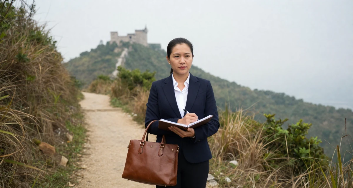 A proud and dignified Female From Vietnam, based in Da Nang, graduated from a local university majoring in e-commerce in their 48, preparing for long-term financial planning, wearing a sharp business casual attire, carrying a leather handbag in a mountain trail.