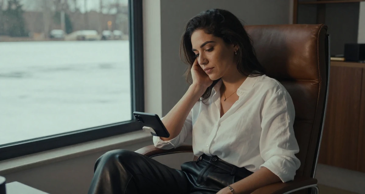 A tranquil Female From Brazil, trained in digital cinematography in their 23, deciding between safe and risky career moves, wearing a black leather trousers and a crisp white blouse, inspecting an object in a modern apartment.