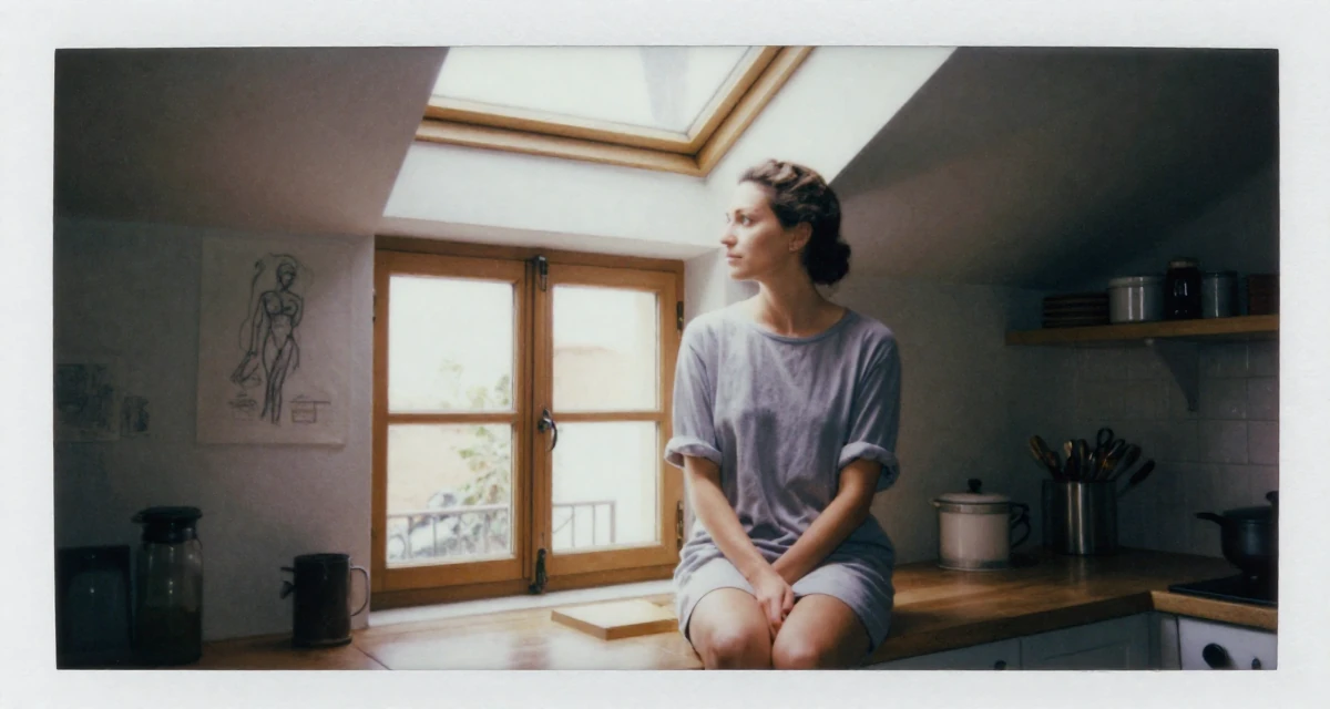 A disinterested Female From Rome Italy, studied classical body aesthetics and figure drawing in their 39, prioritizing quality over quantity in life, wearing a t-shirt dress with the sleeves rolled up, looking out the window in a rustic kitchen.