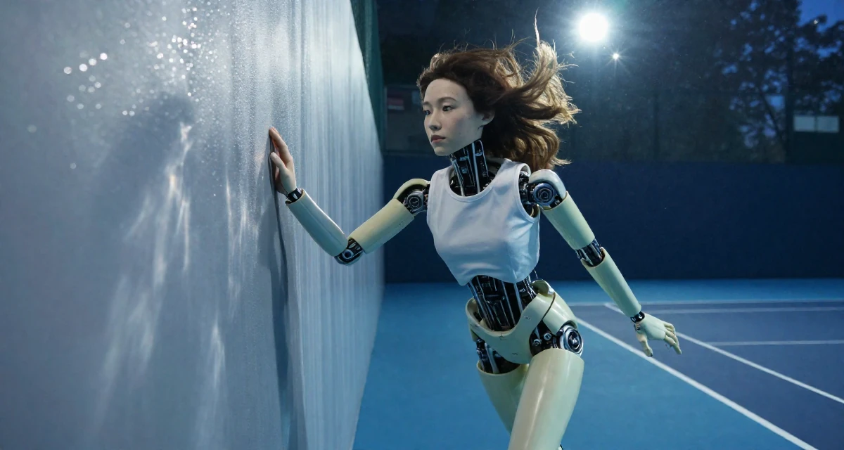 A wistful Female Previously a pastry student, now blending dessert aesthetics with lifestyle content in their 47, navigating the challenges of the sandwich generation, wearing a cybernetic doll outfit with porcelain-like skin textures, pausing mid-step in a tennis court.