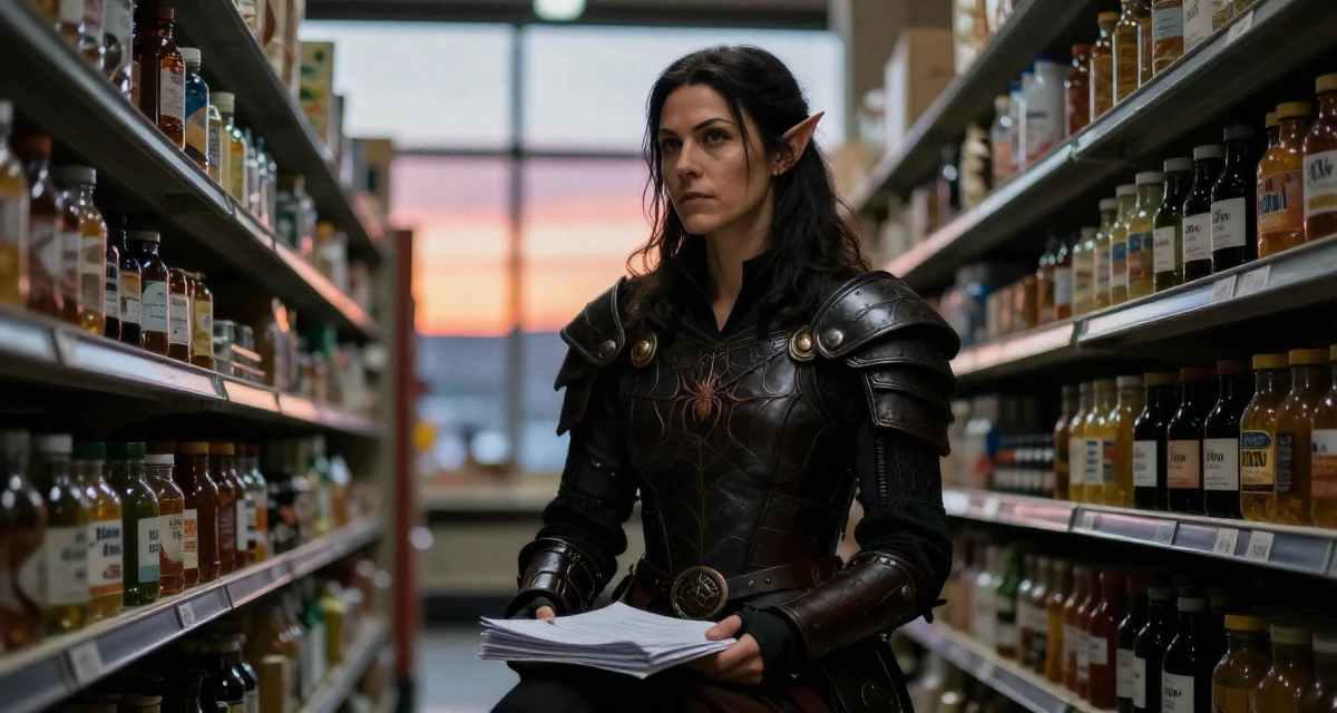 A steady Female Previously a hairstylist, now showcasing transformation-driven content in their 50, proof that life begins at fifty, wearing a dark elf leather armor with spiderweb motifs, carrying a stack of documents in a supermarket aisle.