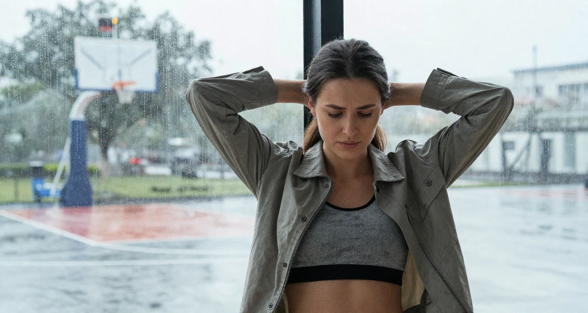 A focused Female Previously a travel-blog student, now turning trips into premium creator content in their 24, fighting guilt when taking a single day off, wearing a modern casual lifestyle wear, buttoning up a jacket in a basketball court.