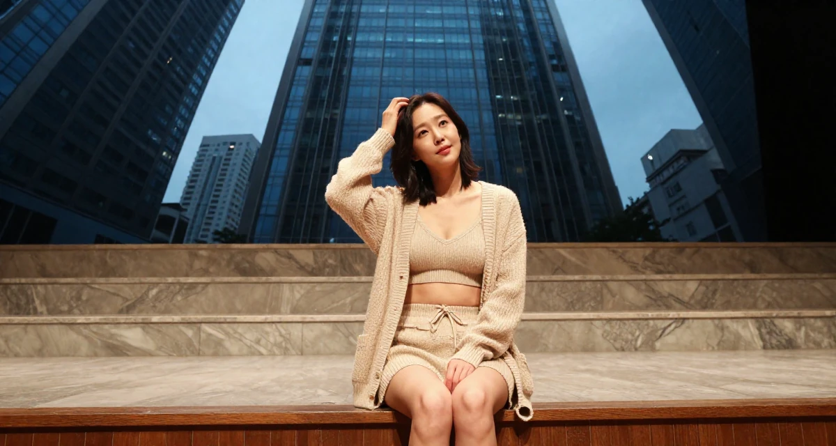 A humble Female From Korea, studied film directing in their 46, advocate for work-life balance in leadership, wearing a knitted bralette and a matching cardigan with shorts, scratching a head lightly in a theater stage.