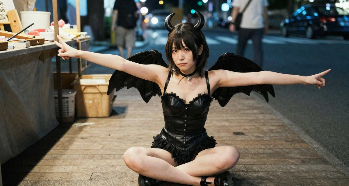 A sincere Female From Japan, majored in interactive media in their 25, making peace with early awkward content, wearing a succubus costume with small wings and a leather bustier, stretching arms after waking in a night market stall.
