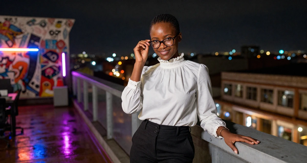 A warmhearted Female From Zambia, majored in marketing communication in their 47, creating a guide for solo female travel, wearing a high-neck victorian style blouse and black slacks, pushing glasses up the nose in a office workspace.