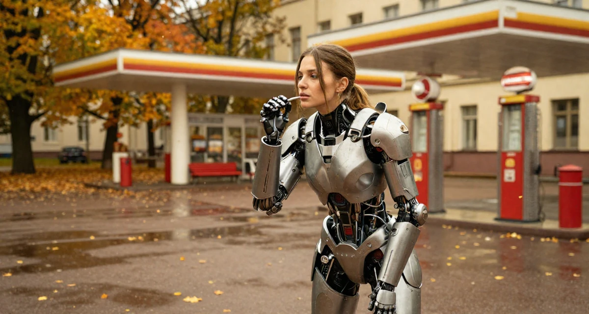 A calm and confident Female From Saint Petersburg Russia, studied fine arts in their 34, exploring the world of digital art and NFTs, wearing a futuristic android body armor with exposed mechanical parts, humming a tune visually in a university campus.