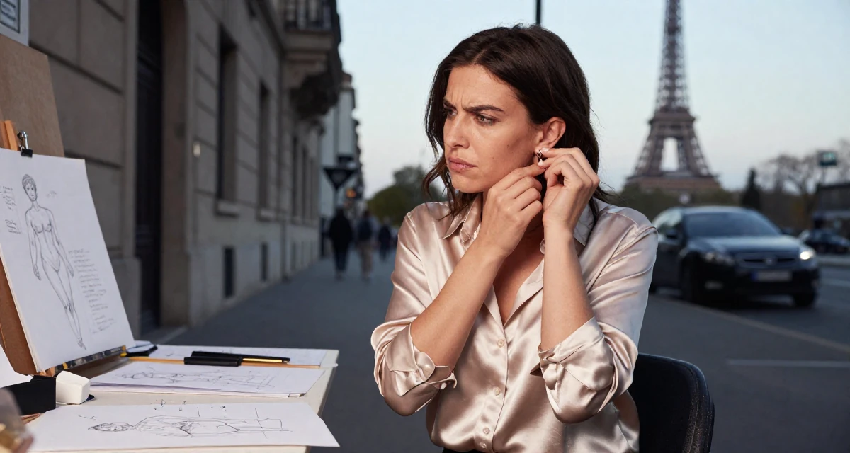 A cynical Female From Rome Italy, studied classical body aesthetics and figure drawing in their 30, learning that survival in creator economy requires brutal discipline, wearing a satin button-up shirt in champagne color, putting on earrings in a urban street.