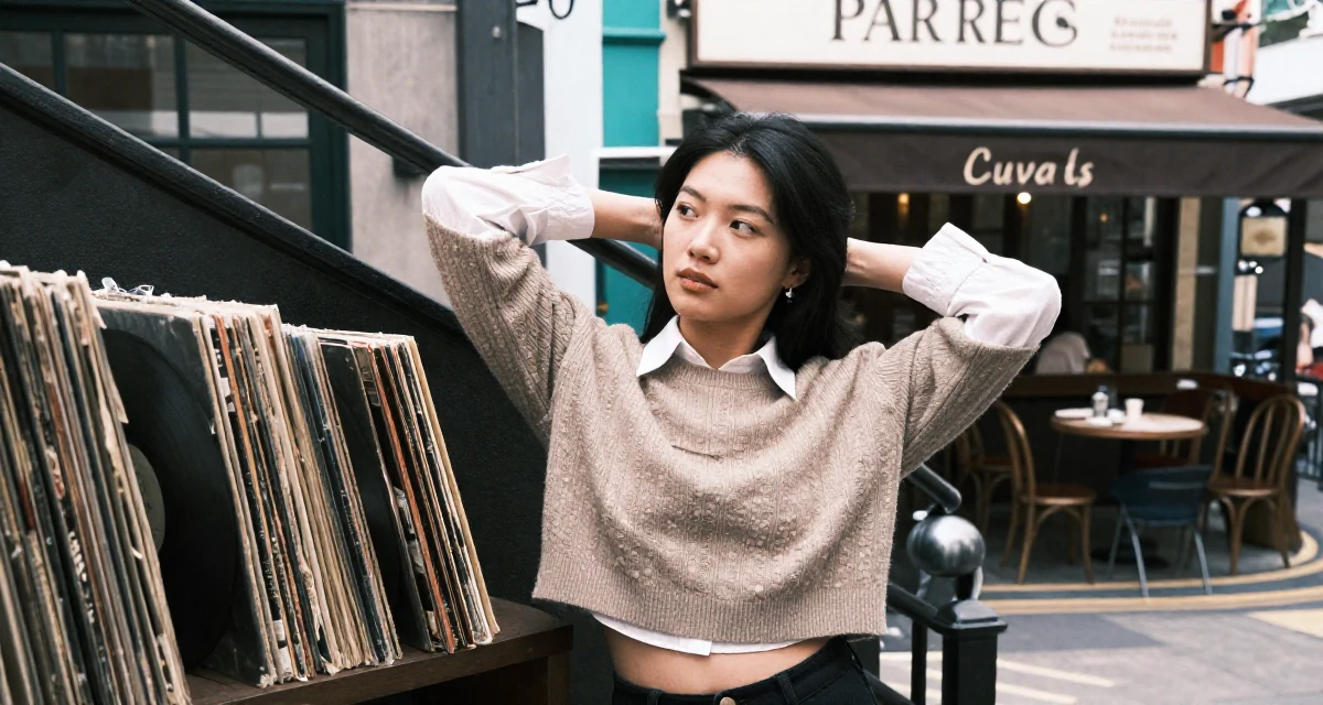 A coy Female From Singapore, based in Jurong, graduated from a polytechnic majoring in aesthetic marketing in their 25, calculating every purchase because income is unstable, wearing a cropped sweater over a collared shirt, glancing sideways in a winding staircase.